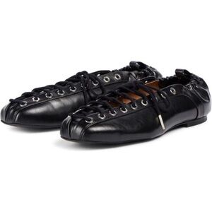 Lace-Up Ballet Flats Leather Ballerina Flat for Women Slip on Square Round